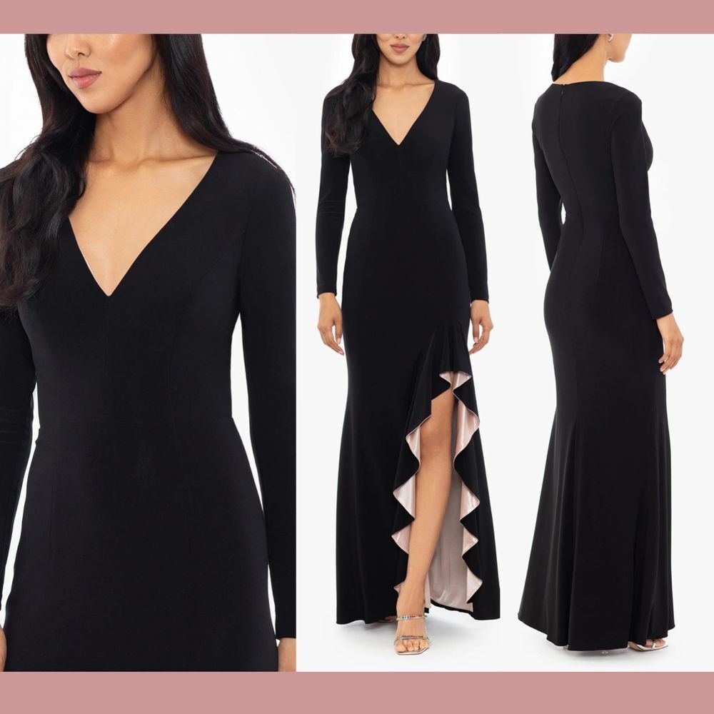 NEW $238 Xscape [ 16 ] Trudy Black V-Neck Jersey Long Sleeve Evening‎ Gown Black